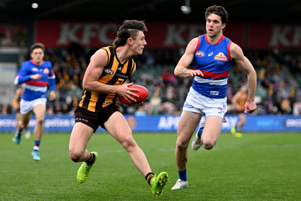 Connor Macdonald of the Hawks in action during the round 23 AFL match between the Hawthorn Hawks and the Western Bulldogs at University of Tasmania...