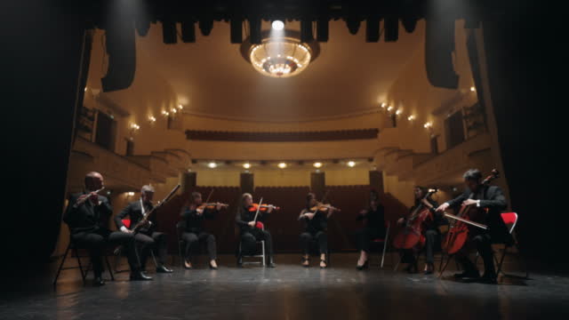 octet of wind and string instruments are playing music on scene of opera house, eight musicians