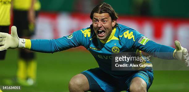 Goalkeeper Roman Weidenfeller of Dortmund reacts during the DFB Cup semi final match between SpVgg Greuther Fuerth and Borussia Dortmund at...