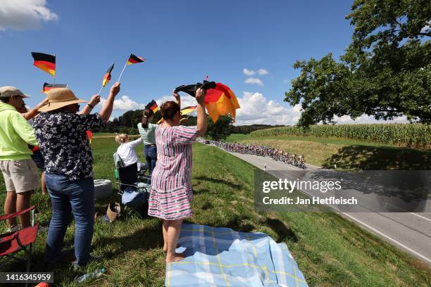 General view of the peloton competing while fans cheer during the 28th UEC Road Cycling European Championships 2022 - Women's Road Race a 128,3km one...