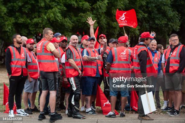 Dockers protest near the main gate of Felixstowe Port as an eight day strike, called by the UNITE trade union begins over payon August 21, 2022 in...