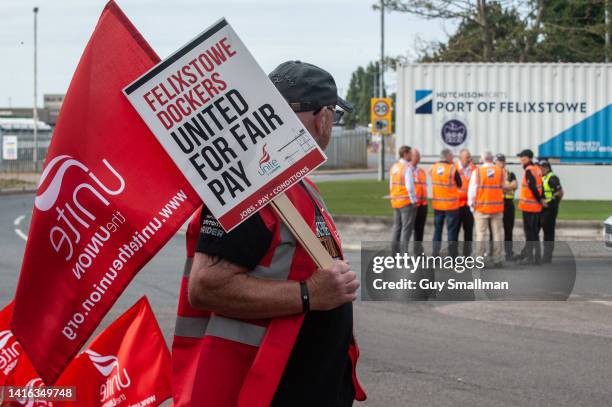 Management are seen discussing the dispute with CEO Clemence Cheng near the main gate of Felixstowe port as an eight day strike, called by the UNITE...