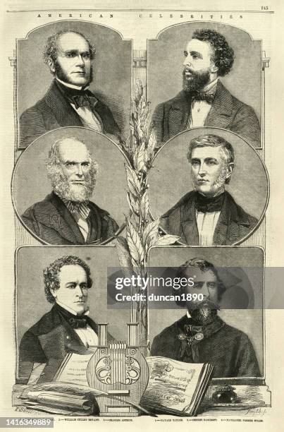 stockillustraties, clipart, cartoons en iconen met american celebraties of 1858, fitz-greene halleck, william cullen bryant, charles anthon, bayard taylor, george bancroft, nathaniel parker willis - nathaniel parker