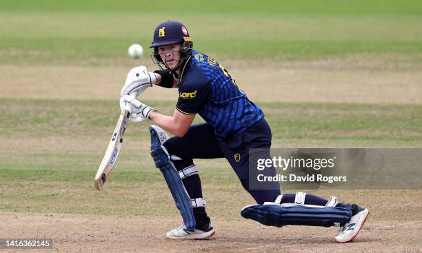 Rob Yates of Warwickshire plays the ball to the boundary during the Royal London Cup match between Warwickshire and Durham at Edgbaston on August 21,...