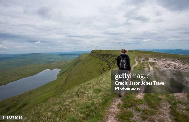 woman walking along a ridge in the brecon beacons in wales - upright position stock pictures, royalty-free photos & images