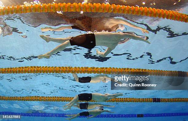 Matson Lawson, Joshua Beaver and Mitch Larkin of Australia competes in the Final of the Men's 200 Metre Backstroke during day six of the Australian...