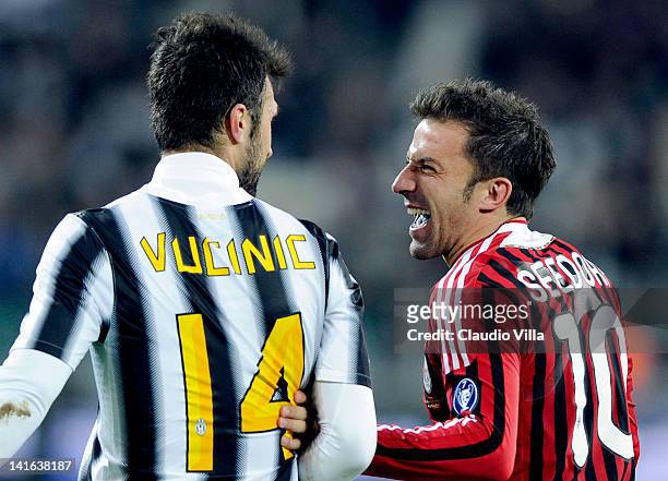 Mirko Vucinic and Alessandro Del Piero of Juventus FC celebrate after winning the Tim Cup semi final match between Juventus FC and AC Milan at...