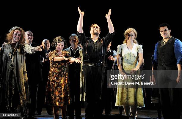 Gillian Kirkpatrick, Imelda Staunton, Michael Ball, Lucy May Barker and Luke Brady bow at the curtain call during the press night performance of...