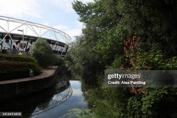 General view of the outside of the stadium prior to kick off of the Premier League match between West Ham United and Brighton & Hove Albion at London...