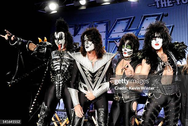 Musicians Gene Simmons, Tommy Thayer, Eric Singer and Paul Stanley appear onstage to announce their upcoming Motley Crue and KISS co-headlining tour...