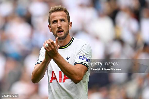 Harry Kane of Tottenham Hotspur applauds the fans during the Premier League match between Tottenham Hotspur and Wolverhampton Wanderers at Tottenham...