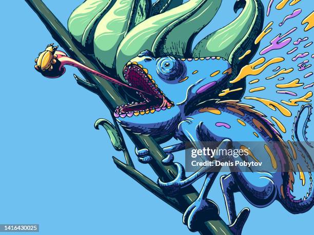 bildbanksillustrationer, clip art samt tecknat material och ikoner med chameleon and beetle on a branch. - kameleont