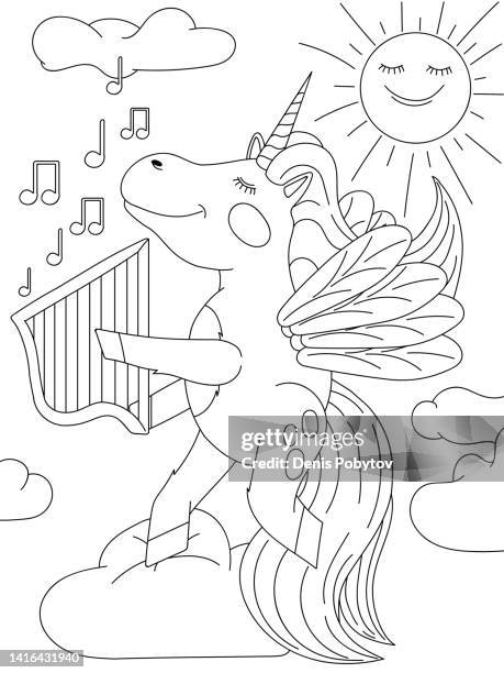 hand drawn cute children's illustration - unicorn flies in the sky. - play pause stock illustrations