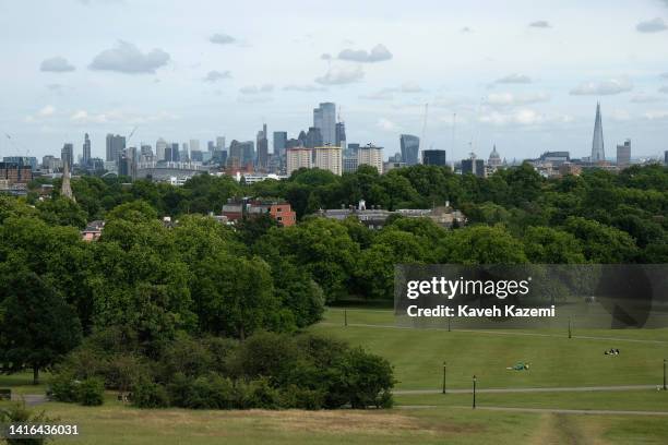 The London skyline is seen from Primrose Hill park on June 29, 2022 in London, United Kingdom.