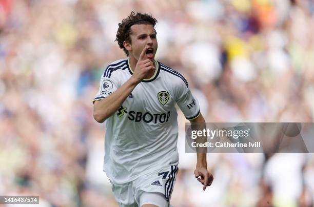 Brenden Aaronson of Leeds United celebrates scoring their side's first goal during the Premier League match between Leeds United and Chelsea FC at...