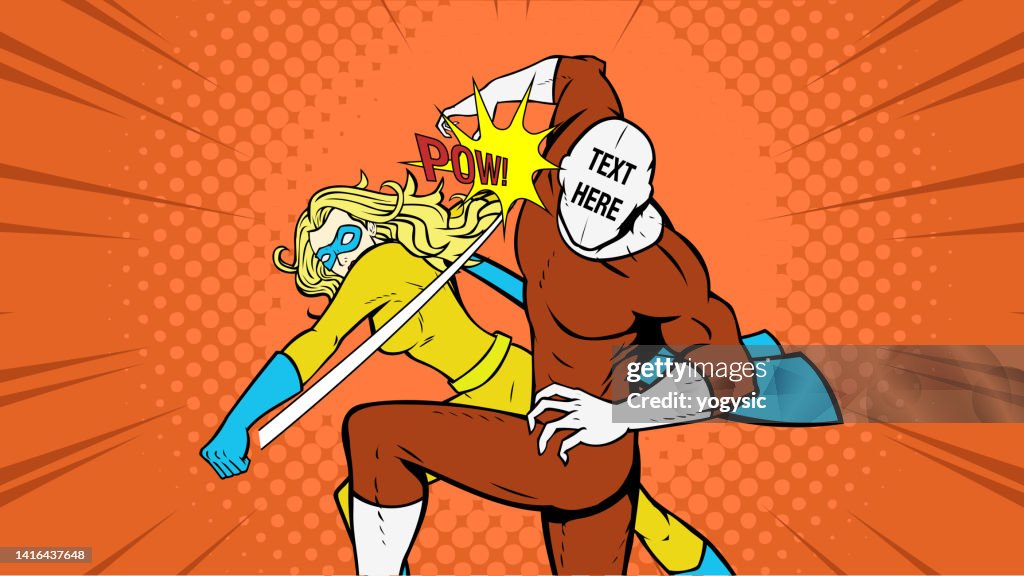Vector Pop Art Female Superhero Punches a Masked Villain Stock Illustration