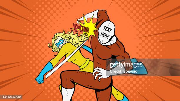 vector pop art female superhero punches a masked villain stock illustration - rivalry 幅插畫檔、美工圖案、卡通及圖標