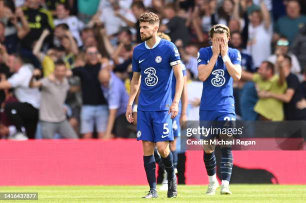 Jorginho of Chelsea reacts after Rodrigo Moreno of Leeds United scores their team's second goal during the Premier League match between Leeds United...