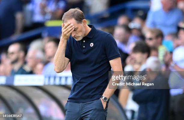 Thomas Tuchel, Manager of Chelsea reacts after Rodrigo Moreno of Leeds United scores their team's second goal during the Premier League match between...