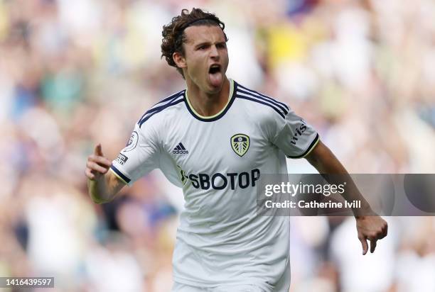 Brenden Aaronson of Leeds United celebrates scoring their side's first goal during the Premier League match between Leeds United and Chelsea FC at...