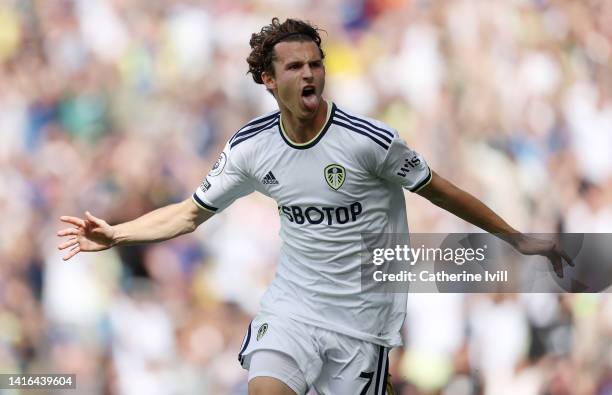 Brenden Aaronson of Leeds United celebrates scoring their side's first goal during the Premier League match between Leeds United and Chelsea FC at...