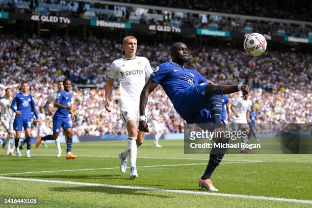 Kalidou Koulibaly of Chelsea controls the ball from Rasmus Kristensen of Leeds United during the Premier League match between Leeds United and...