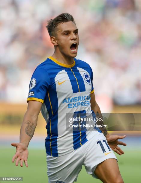 Leandro Trossard of Brighton & Hove Albion celebrates scoring their side's second goal during the Premier League match between West Ham United and...