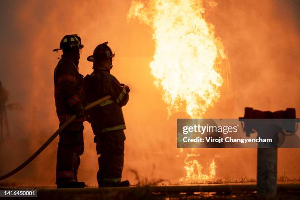 firefighters team working - extinguishing stockfoto's en -beelden