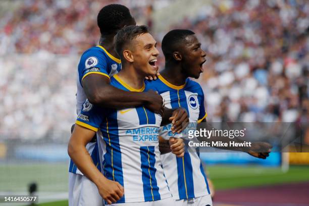 Leandro Trossard of Brighton & Hove Albion celebrates with teammates after scoring their team's second goal during the Premier League match between...