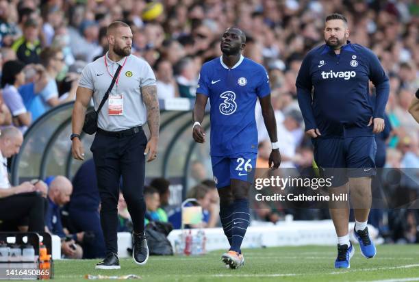 Kalidou Koulibaly of Chelsea leaves the pitch after receiving a red card from referee Stuart Atwell during the Premier League match between Leeds...