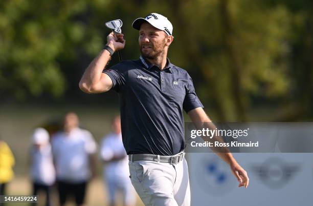 Maximilian Kieffer of Germany reacts to a putt on the 18th green during Day Four of the D+D Real Czech Masters at Albatross Golf Resort on August 21,...