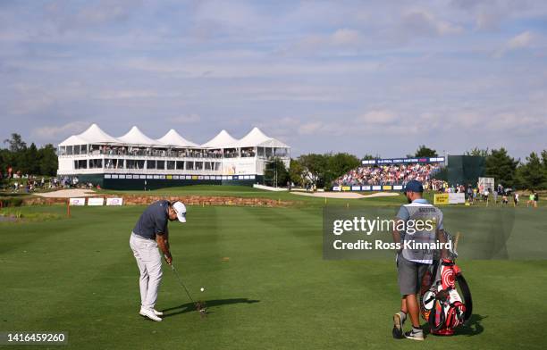 Maximilian Kieffer of Germany hits his second shot on the 18th hole during Day Four of the D+D Real Czech Masters at Albatross Golf Resort on August...