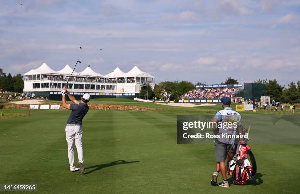 Maximilian Kieffer of Germany hits his second shot on the 18th hole during Day Four of the D+D Real Czech Masters at Albatross Golf Resort on August...