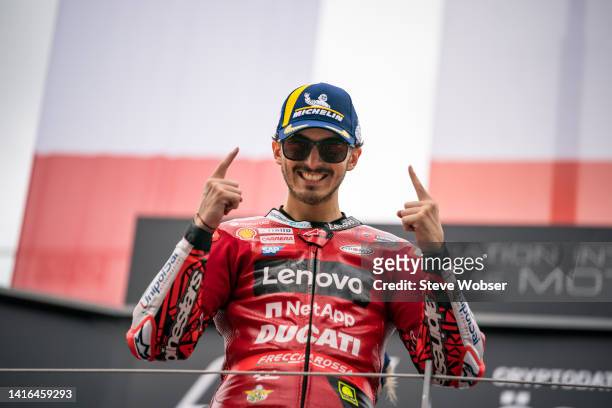 Francesco Bagnaia of Italy and Ducati Lenovo Team on the podium after his race win during the race of the CryptoDATA MotoGP of Austria at Red Bull...
