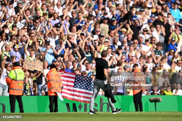Jesse Marsch, Manager of Leeds United, celebrates with their fans after the final whistle of the Premier League match between Leeds United and...