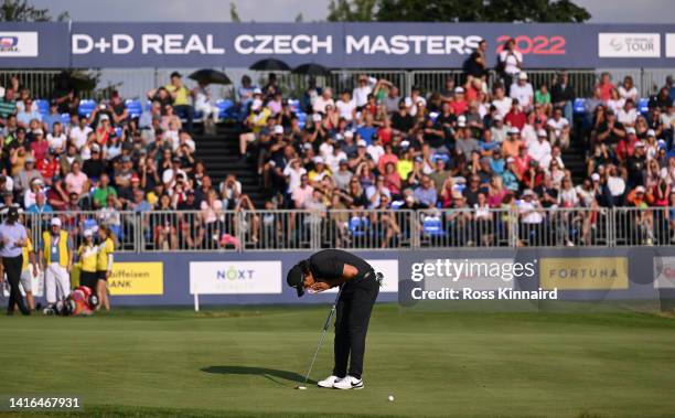 Gavin Green of Malaysia reacts to a missed putt on the 18th green during Day Four of the D+D Real Czech Masters at Albatross Golf Resort on August...