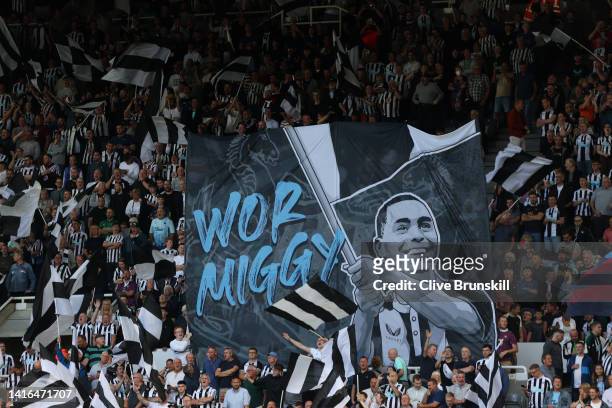 General view of a 'Wor Miggy' flag held by fans of Newcastle United prior to kick off of the Premier League match between Newcastle United and...