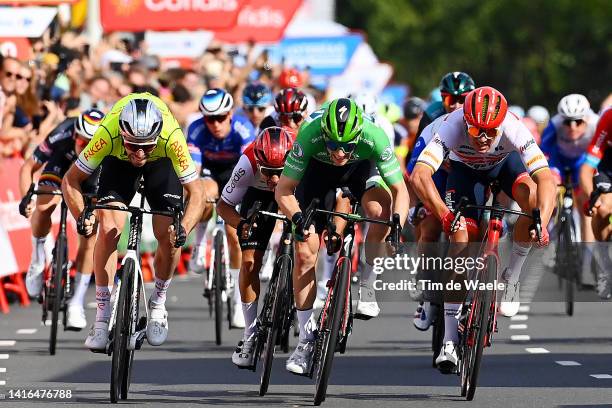 Sam Bennett of Ireland and Team Bora - Hansgrohe - Green Points Jersey, Mads Pedersen of Denmark and Team Trek - Segafredo and Daniel Mclay of United...