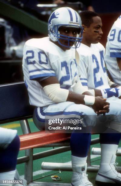 Running Back Barry Lions of the Detroit Lions follows the action in the game between the Detroit Lions vs New York Giants at Giants Stadium on...