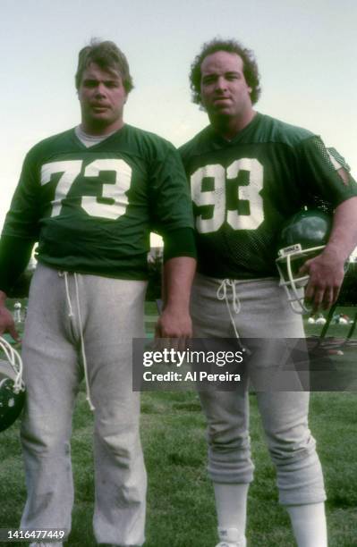 Defensive Tackle Joe Klecko and Defensive End Marty Lyons of the New York Jets appear in a portrait taken at Minicamp at the New York Jets Training...