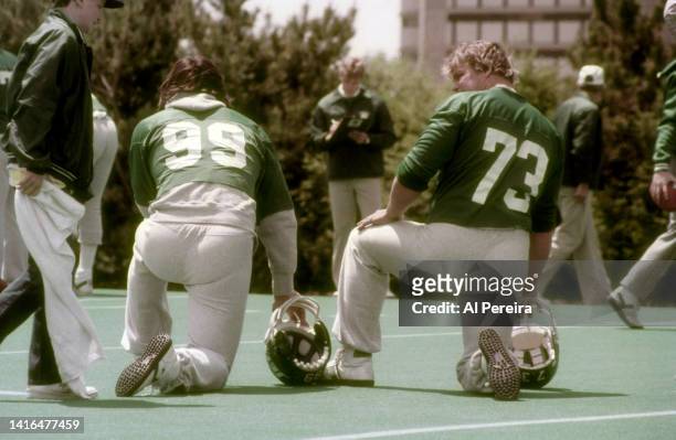 Defensive End Mark Gastineau and Defensive Tackle Joe Klecko of the New York Jets follow the action at Minicamp at the New York Jets Training...