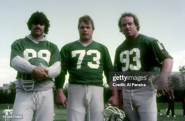 Defensive End Mark Gastineau, Defensive Tackle Joe Klecko and Defensive End Marty Lyons of the New York Jets appear in a portrait taken at Minicamp...