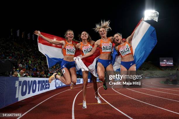 Gold medalists Lisanne de Witte, Femke Bol, Eveline Saalberg and Lieke Klaver of Netherlands celebrate after the Athletics - Women's 4x400m Relay...