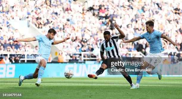 Callum Wilson of Newcastle United scores their side's second goal whilst under pressure from Joao Cancelo and John Stones of Manchester City during...