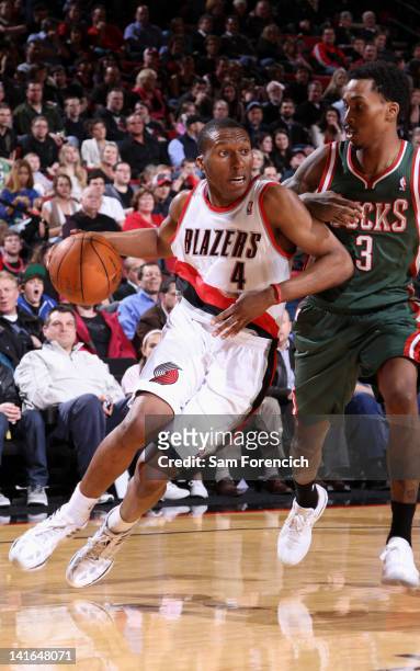 Nolan Smith of the Portland Trail Blazers drives to the basket against Brandon Jennings of the Milwaukee Bucks during the game on March 20, 2012 at...