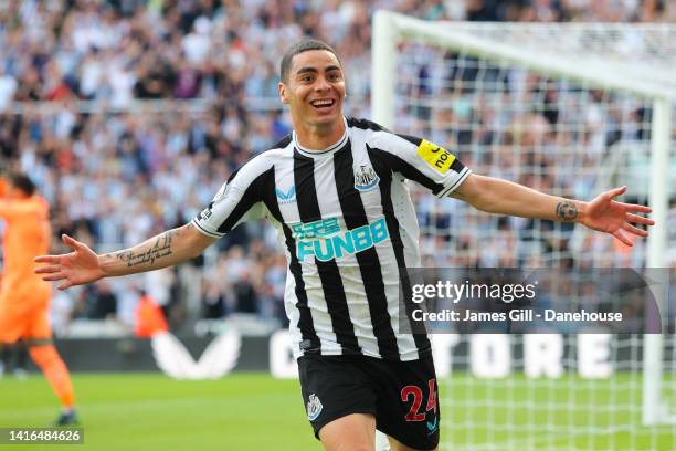 Miguel Almiron of Newcastle United celebrates after scoring his side's first goal during the Premier League match between Newcastle United and...