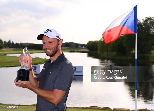 Maximilian Kieffer of Germany with the trophy after winning the D+D Real Czech Masters at Albatross Golf Resort on August 21, 2022 in Prague, Czech...