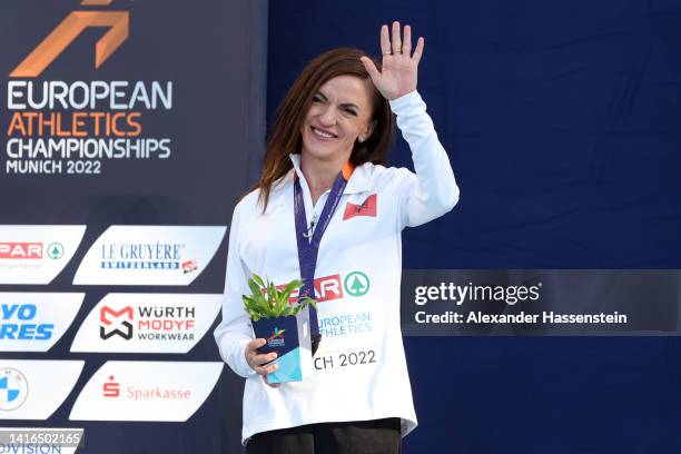 Gold medalist Luiza Gega of Albania poses on the podium during the Athletics - Women's 3000m Steeplechase Medal Ceremony on day 11 of the European...