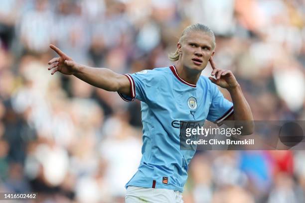 Erling Haaland of Manchester City celebrates after scoring their team's second goal during the Premier League match between Newcastle United and...