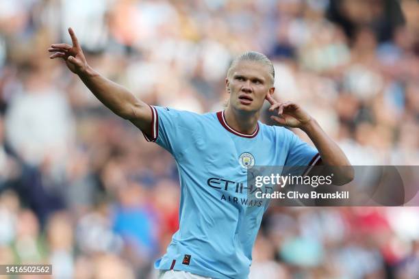 Erling Haaland of Manchester City celebrates after scoring their team's second goal during the Premier League match between Newcastle United and...